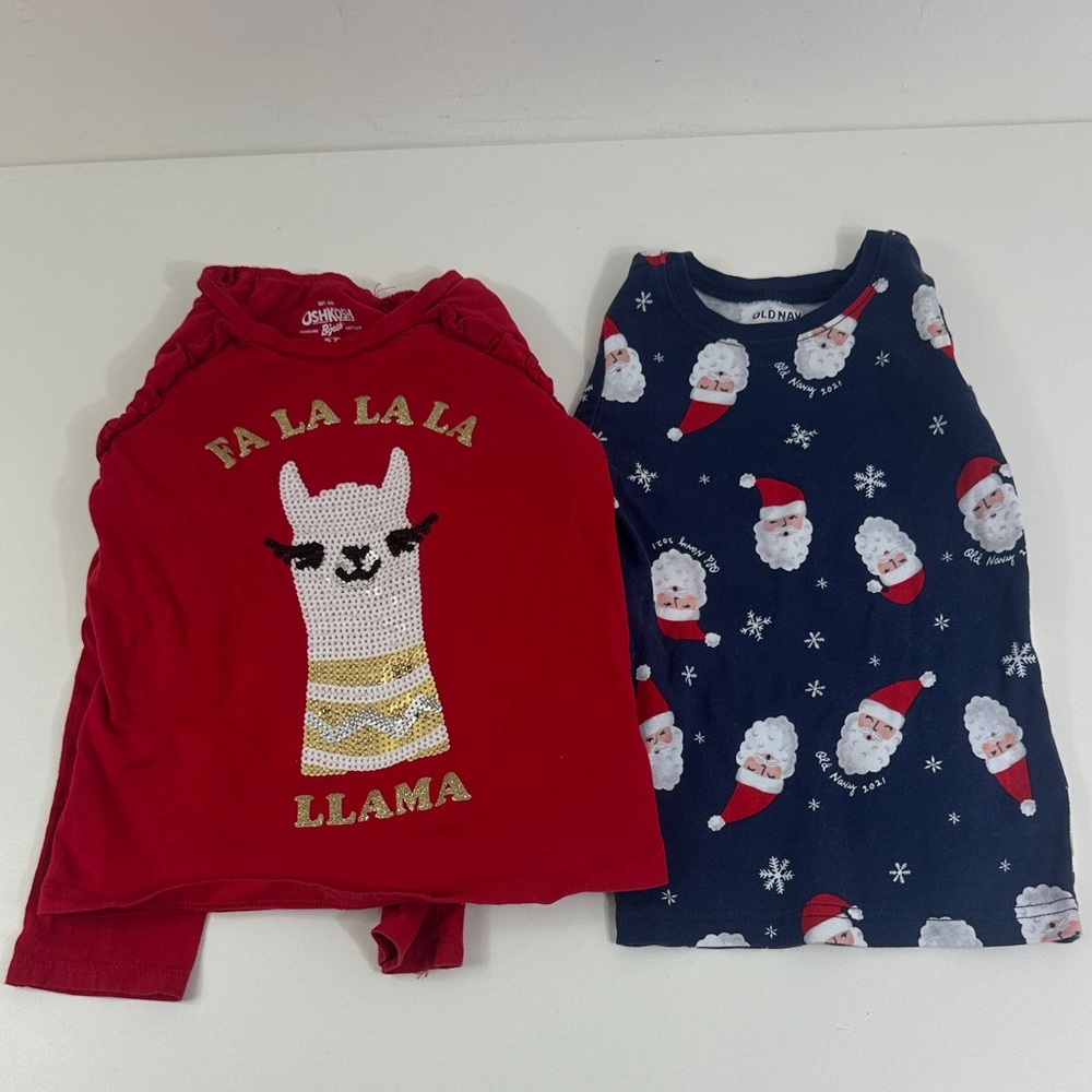 Red Llama & Santa Pajama Tops Lot of (2) Girls Size 5T Holiday 🎄 Christmas Cute
